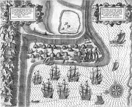 Бухта Могильная. Карта ван-Линсхотена, 1594 г.